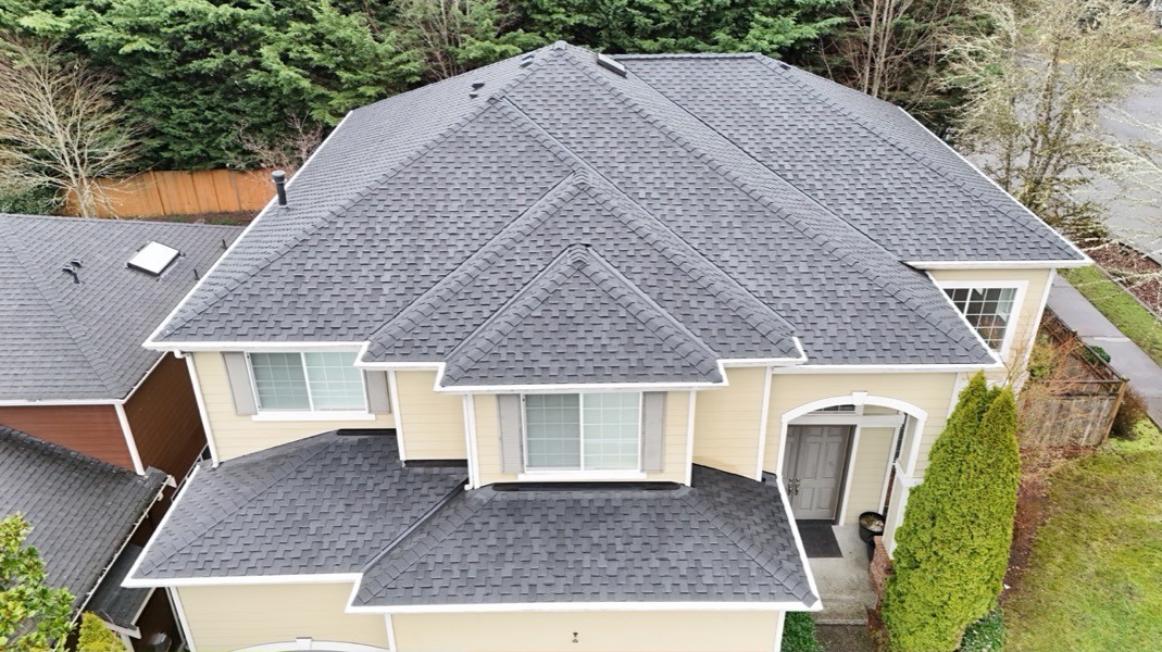 Residential roof replacement in Sammamish WA — drone aerial view