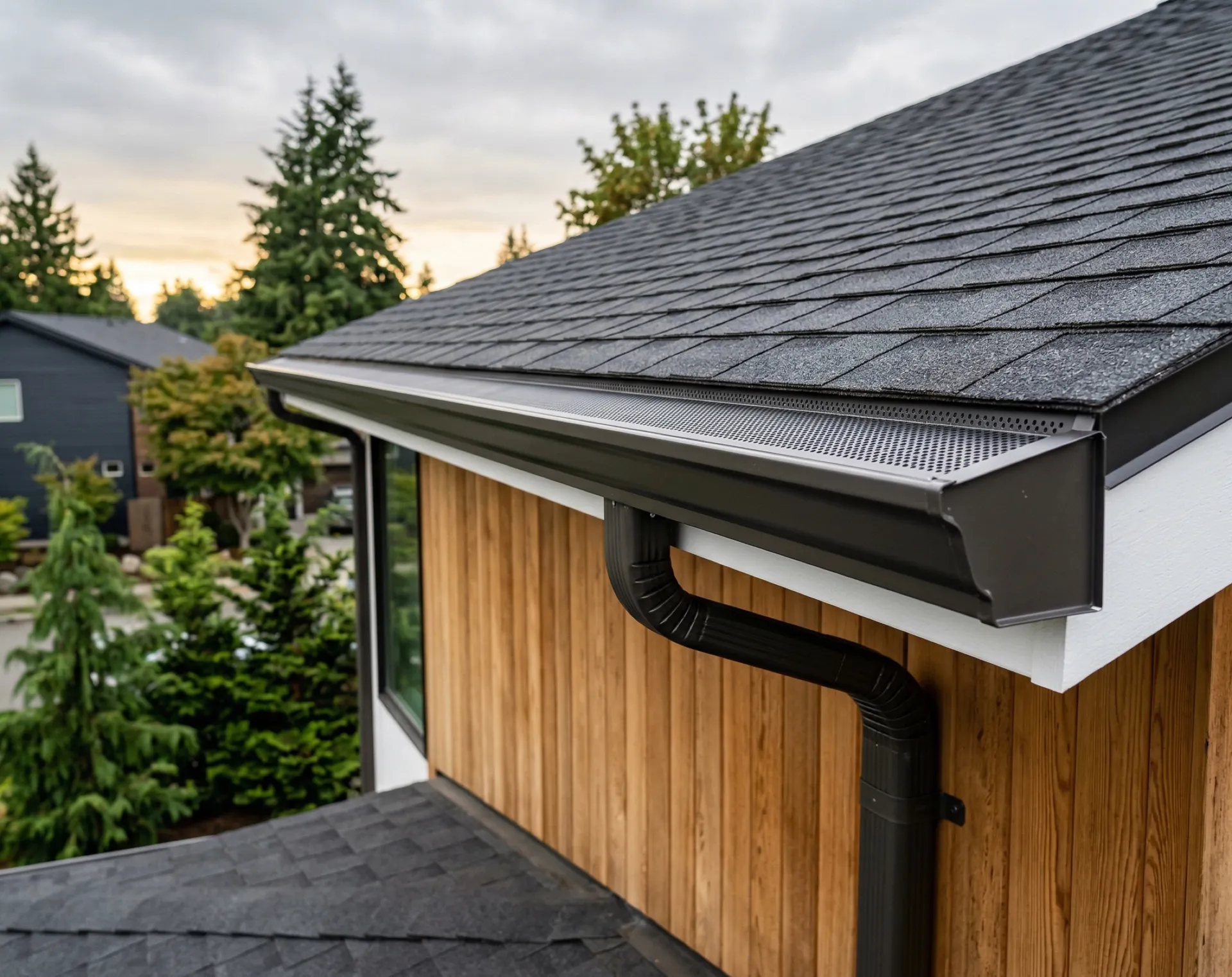 Custom seamless black gutters with leaf protection on a Western Washington home