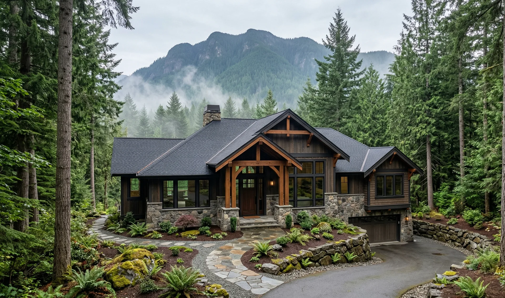 A Pacific Northwest craftsman home with asphalt shingle roof, mountains in background