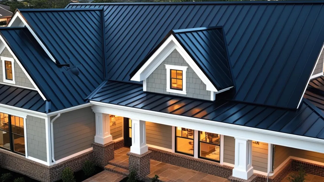 Modern home with blue metal roof