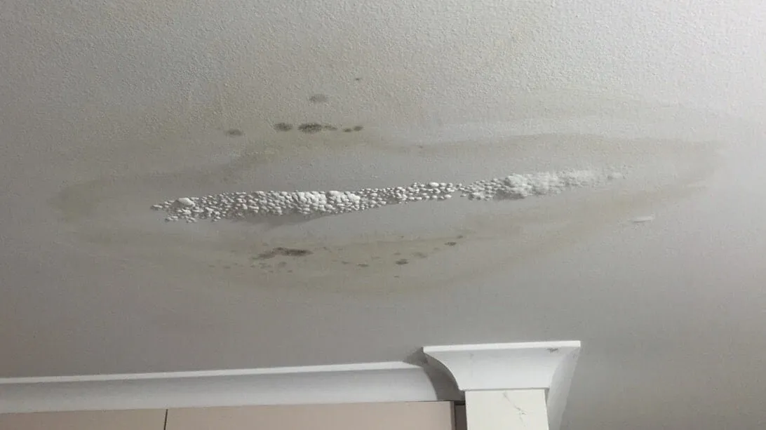 Water damage on ceiling showing bubbling and discoloration
