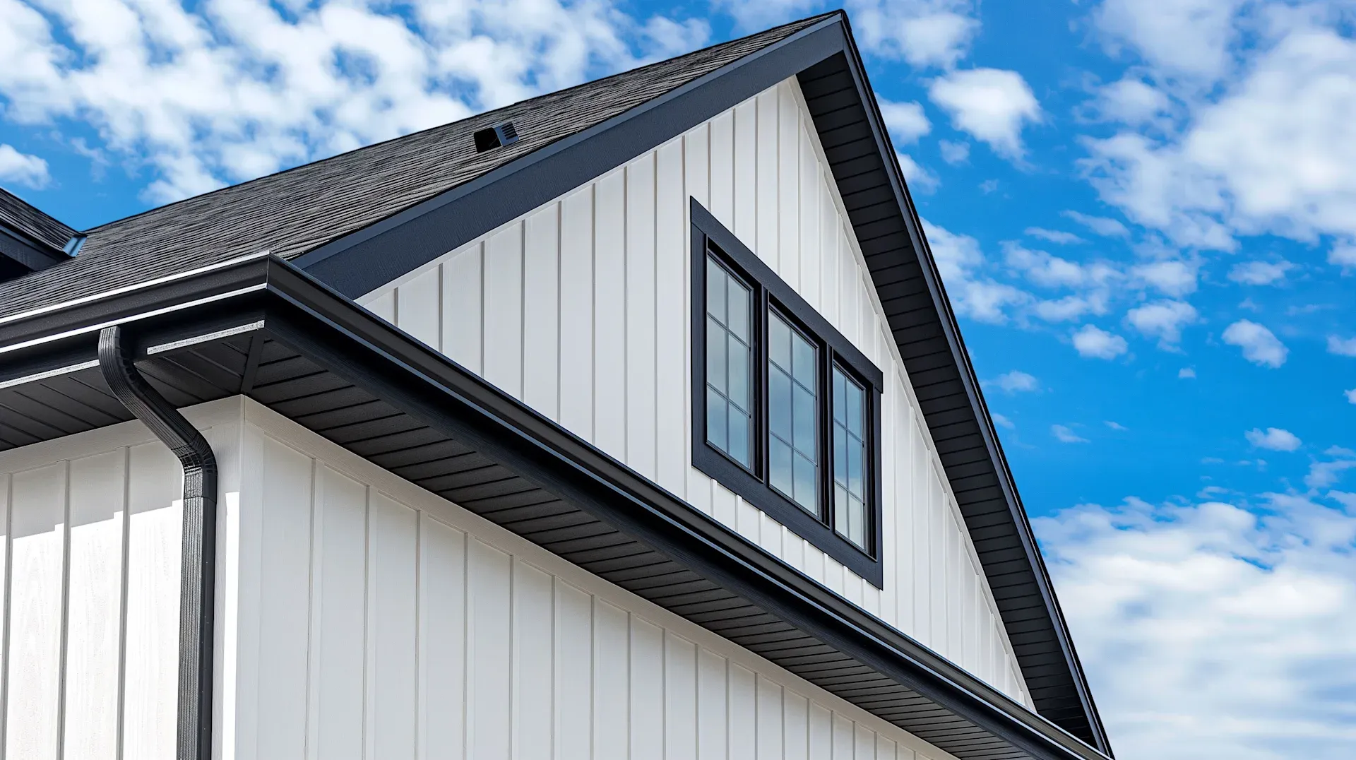 Modern home with black gutters against blue sky
