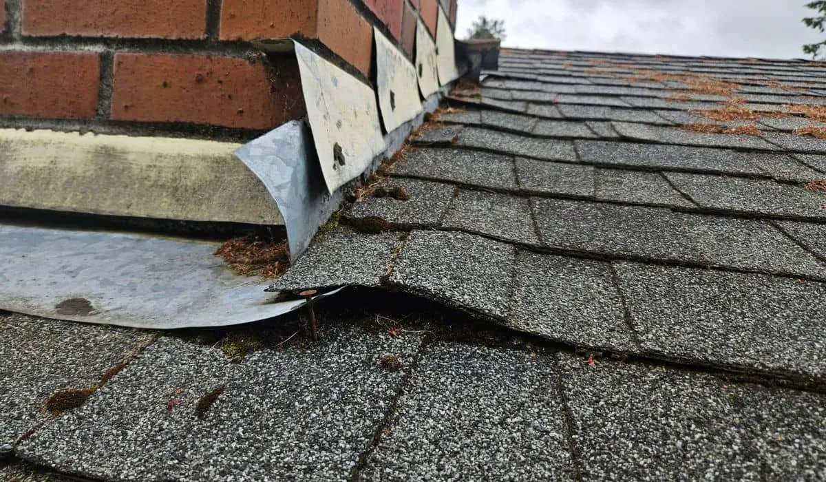 Damaged roof shingles and flashing near chimney