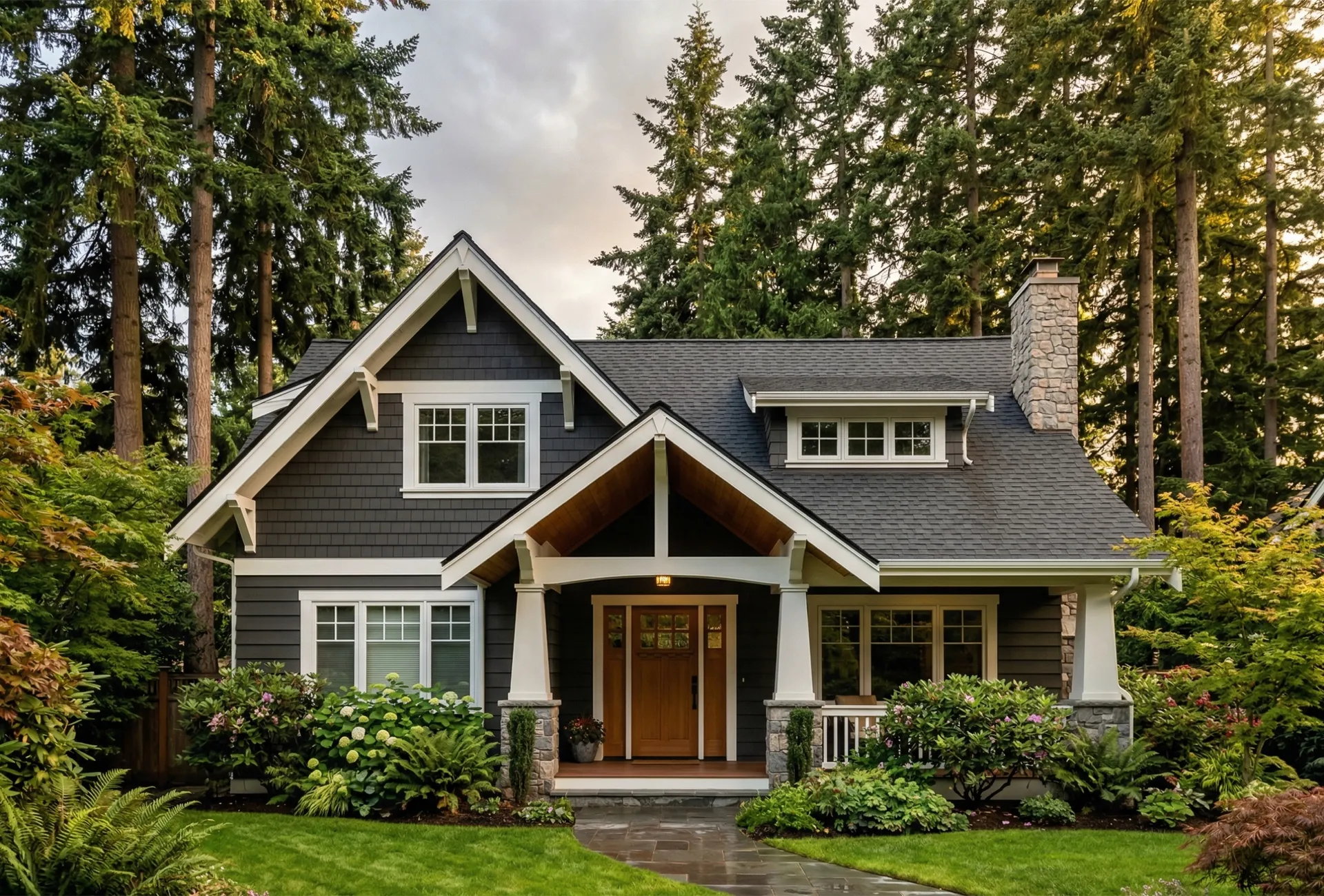 Pacific Northwest craftsman home with new GAF roof installed by Stark Roofing